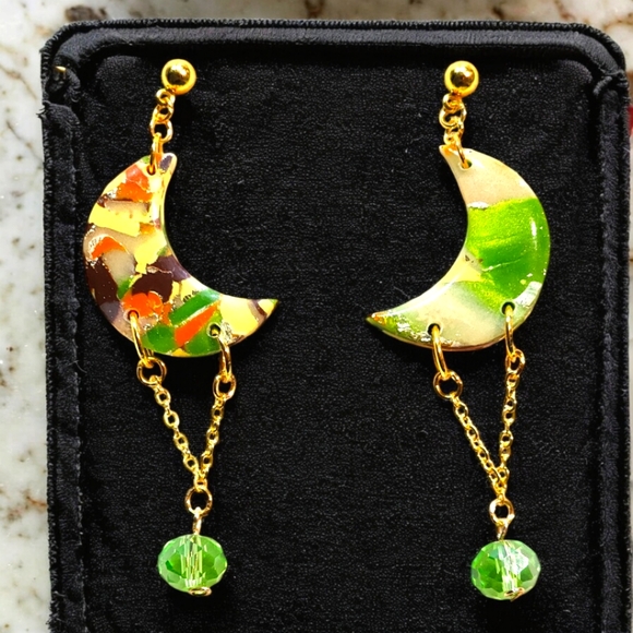 Handmade Glow in the Dark Polymer Clay Crescent moon's with glass bead bottom - Picture 1 of 3